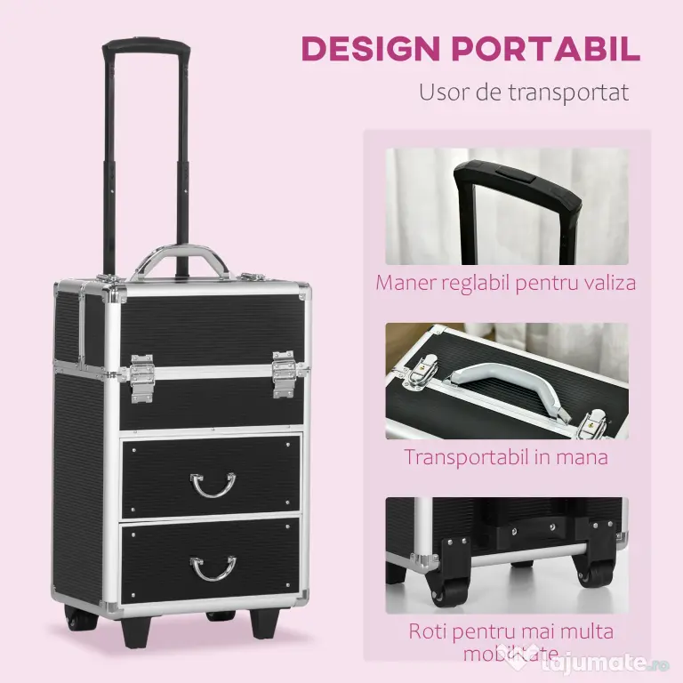 HOMCOM Valiză Profesională pentru Machiaj, Aluminiu și Oțel Armat, cu Încuietoare și Roti, Negru 36x23x58cm | Aosom Romania