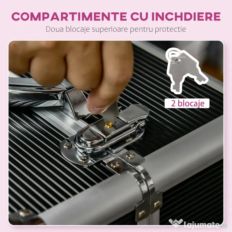 HOMCOM Valiză Profesională pentru Machiaj, Aluminiu și Oțel Armat, cu Încuietoare și Roti, Negru 36x23x58cm | Aosom Romania