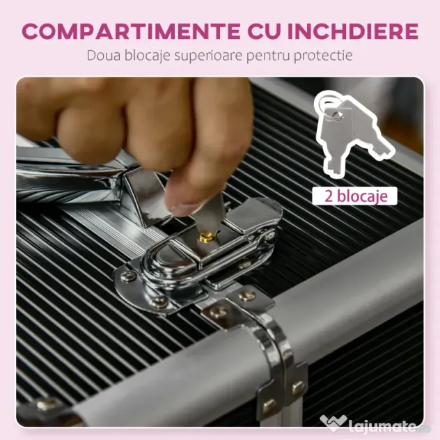 HOMCOM Valiză Profesională pentru Machiaj, Aluminiu și Oțel Armat, cu Încuietoare și Roti, Negru 36x23x58cm | Aosom Romania