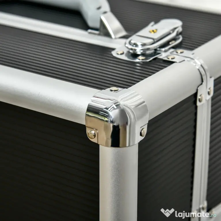 HOMCOM Valiză Profesională pentru Machiaj, Aluminiu și Oțel Armat, cu Încuietoare și Roti, Negru 36x23x58cm | Aosom Romania