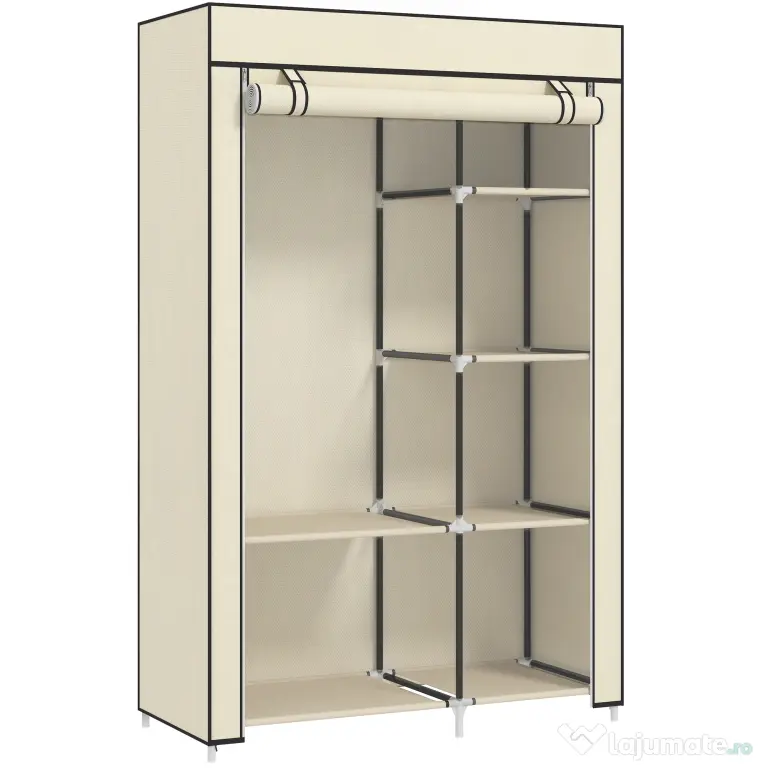 HOMCOM Dulap portabil din otel, netesut si PP cu 6 rafturi deschise, 1 cuier si usa cu balamale, 103x43x162,5 cm, gri | Aosom Romania