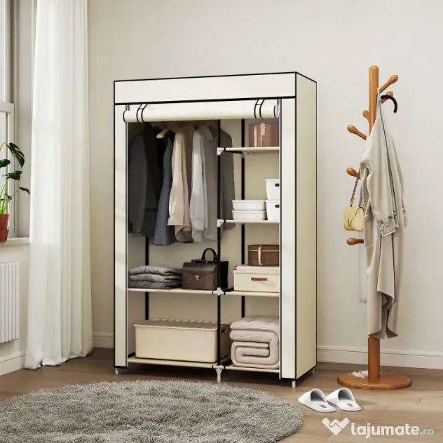 HOMCOM Dulap portabil din otel, netesut si PP cu 6 rafturi deschise, 1 cuier si usa cu balamale, 103x43x162,5 cm, gri | Aosom Romania