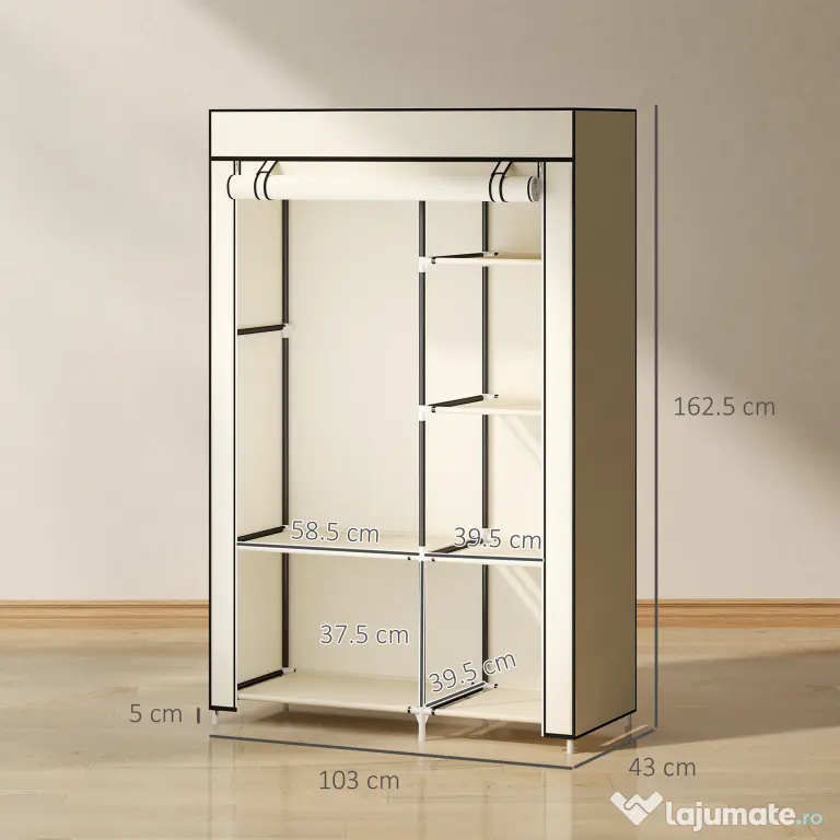 HOMCOM Dulap portabil din otel, netesut si PP cu 6 rafturi deschise, 1 cuier si usa cu balamale, 103x43x162,5 cm, gri | Aosom Romania