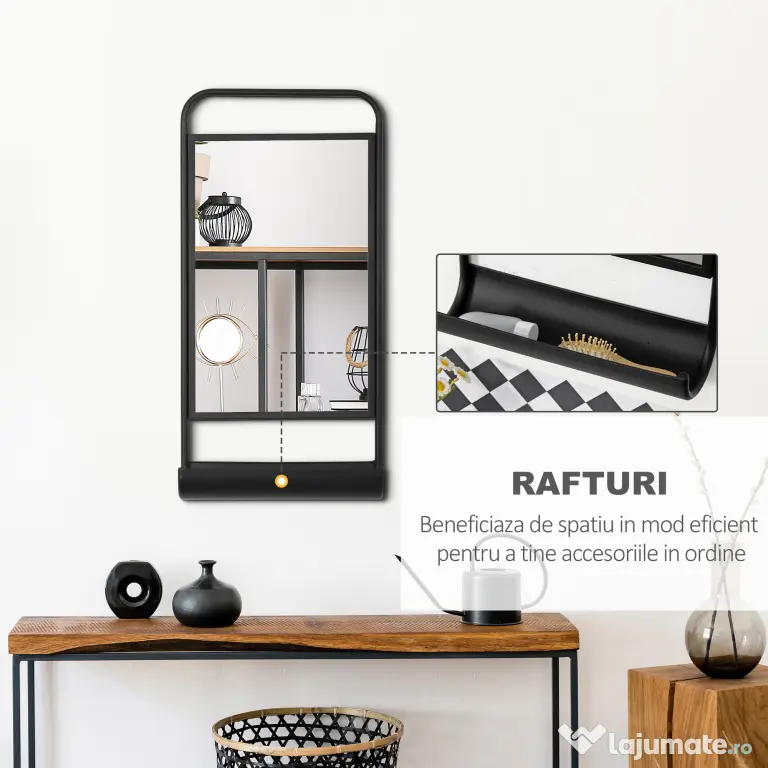 HOMCOM Oglinda de perete cu raft inferior si cadru metalic, oglinda pentru baie si dormitor, 36,2x12x71,7cm, negru
