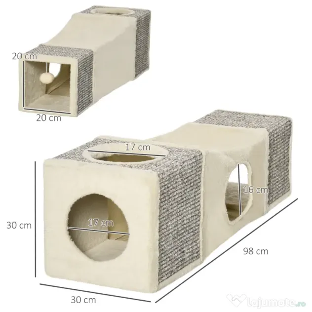 PawHut Tunel Pliabil pentru Pisici cu Căsuțe și Zgârâietori, Jucării cu Minge de Pluș și Sisal, 98x30x30 cm, Alb Crem | Aosom Romania