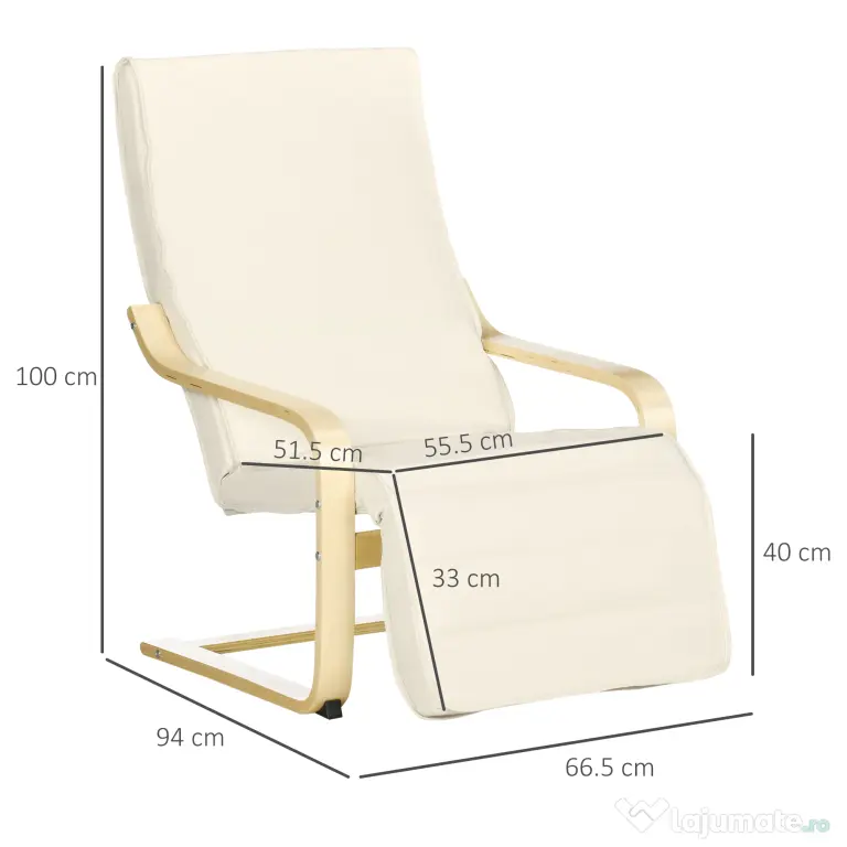 HOMCOM Fotoliu Relax cu Suport pentru Picioare Reglabil în 5 Nivele și Tetieră, 66,5x94x100 cm, Crem | Aosom Romania