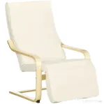 HOMCOM Fotoliu Relax cu Suport pentru Picioare Reglabil pe 5 Niveluri și Tetieră, Cadru din Lemn de Mesteacăn și Țesătură, 66,5x94x100 cm, Crem