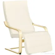 HOMCOM Fotoliu Relax cu Suport pentru Picioare Reglabil pe 5 Niveluri și Tetieră, Cadru din Lemn de Mesteacăn și Țesătură, 66,5x94x100 cm, Crem 