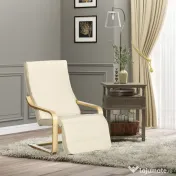 HOMCOM Fotoliu Relax cu Suport pentru Picioare Reglabil pe 5 Niveluri și Tetieră, Cadru din Lemn de Mesteacăn și Țesătură, 66,5x94x100 cm, Crem 