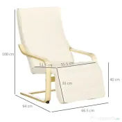 HOMCOM Fotoliu Relax cu Suport pentru Picioare Reglabil pe 5 Niveluri și Tetieră, Cadru din Lemn de Mesteacăn și Țesătură, 66,5x94x100 cm, Crem 