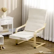 HOMCOM Fotoliu Relax cu Suport pentru Picioare Reglabil pe 5 Niveluri și Tetieră, Cadru din Lemn de Mesteacăn și Țesătură, 66,5x94x100 cm, Crem 