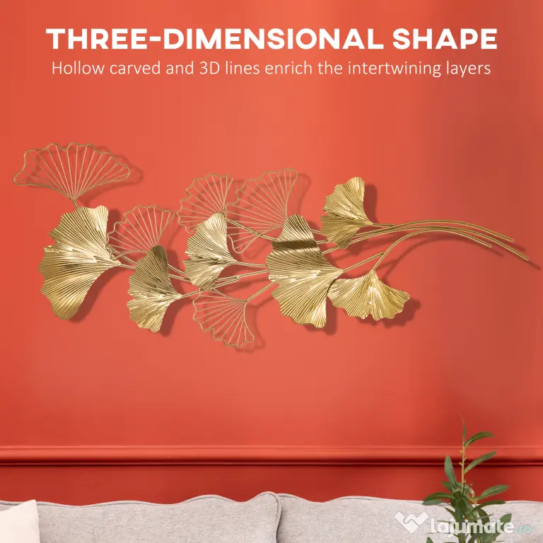 Decoratiune de perete 3D HOMCOM Moderna Frunze de Ginkgo Sculpturi de Perete Agatate Decor pentru Sufragerie | Aosom Romania