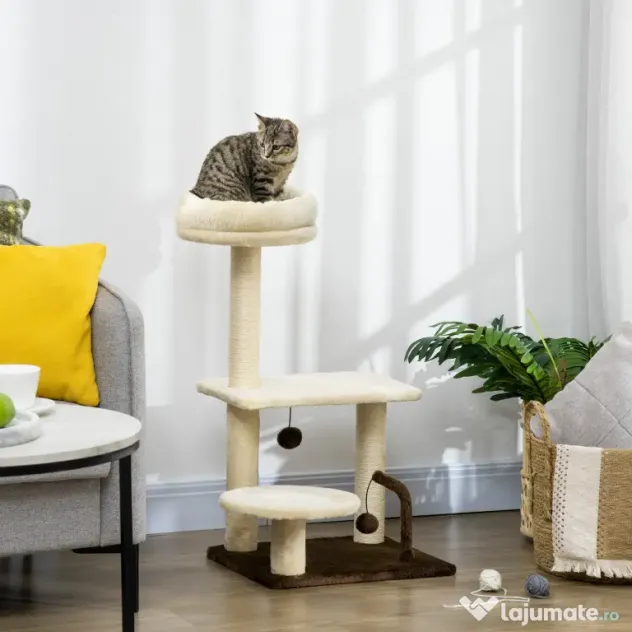 PawHut Turn Interior pentru Pisici, Stâlp Zgâriat, Jucărie Minge, Gri | Aosom Romania