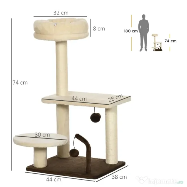 PawHut Turn Interior pentru Pisici, Stâlp Zgâriat, Jucărie Minge, Gri | Aosom Romania