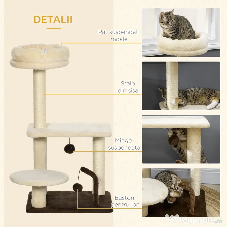 PawHut Turn Interior pentru Pisici, Stâlp Zgâriat, Jucărie Minge, Gri | Aosom Romania