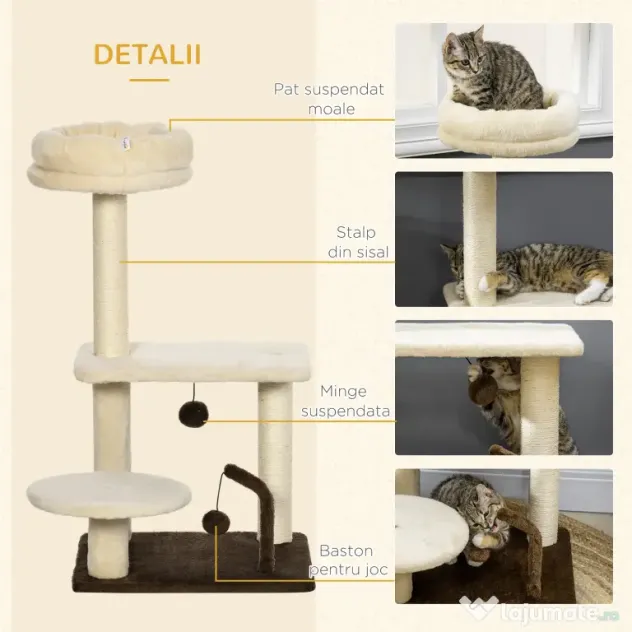 PawHut Turn Interior pentru Pisici, Stâlp Zgâriat, Jucărie Minge, Gri | Aosom Romania
