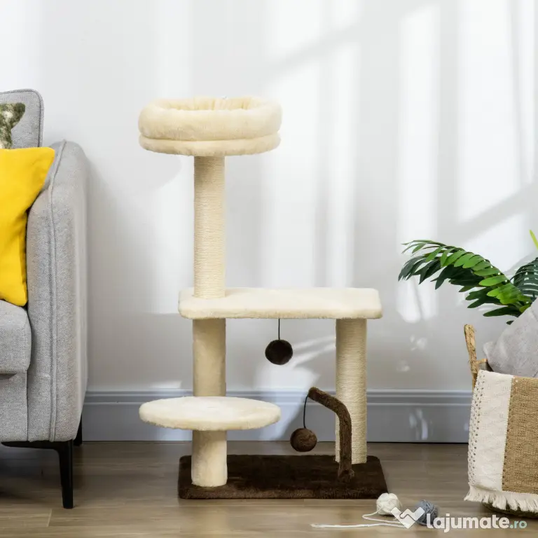 PawHut Turn Interior pentru Pisici, Stâlp Zgâriat, Jucărie Minge, Gri | Aosom Romania