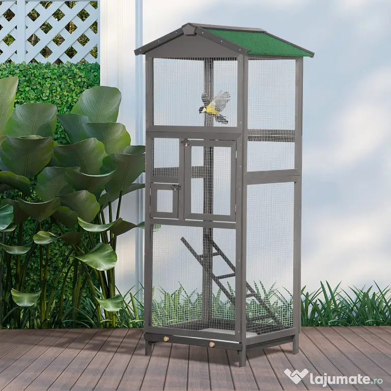 PawHut Colivie pentru Păsări din Lemn și Plasă Metalică cu 2 Uși și Tavă Detașabilă, 68x63x165 cm, Gri Deschis | Aosom Romania