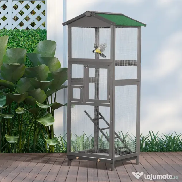 PawHut Colivie pentru Păsări din Lemn și Plasă Metalică cu 2 Uși și Tavă Detașabilă, 68x63x165 cm, Gri Deschis | Aosom Romania