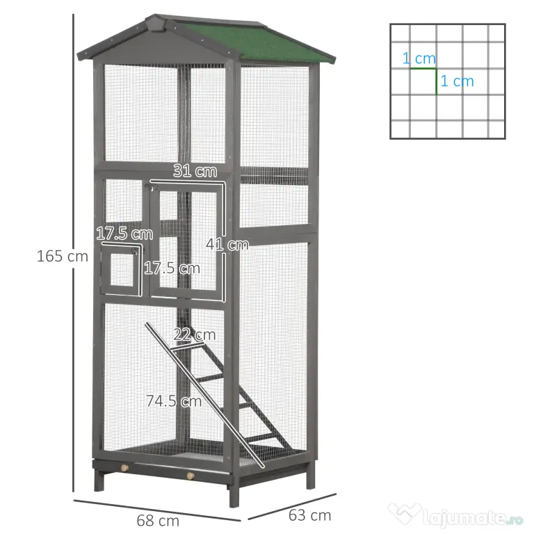 PawHut Colivie pentru Păsări din Lemn și Plasă Metalică cu 2 Uși și Tavă Detașabilă, 68x63x165 cm, Gri Deschis | Aosom Romania