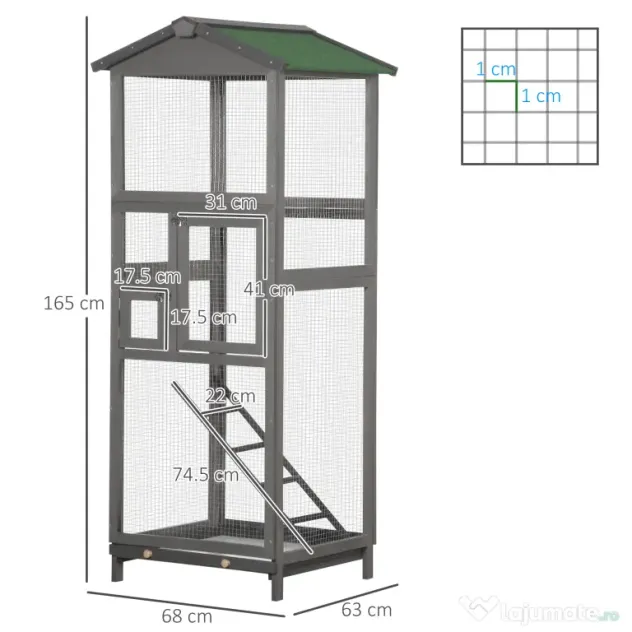 PawHut Colivie pentru Păsări din Lemn și Plasă Metalică cu 2 Uși și Tavă Detașabilă, 68x63x165 cm, Gri Deschis | Aosom Romania