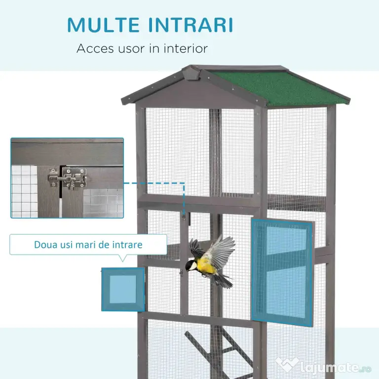 PawHut Colivie pentru Păsări din Lemn și Plasă Metalică cu 2 Uși și Tavă Detașabilă, 68x63x165 cm, Gri Deschis | Aosom Romania