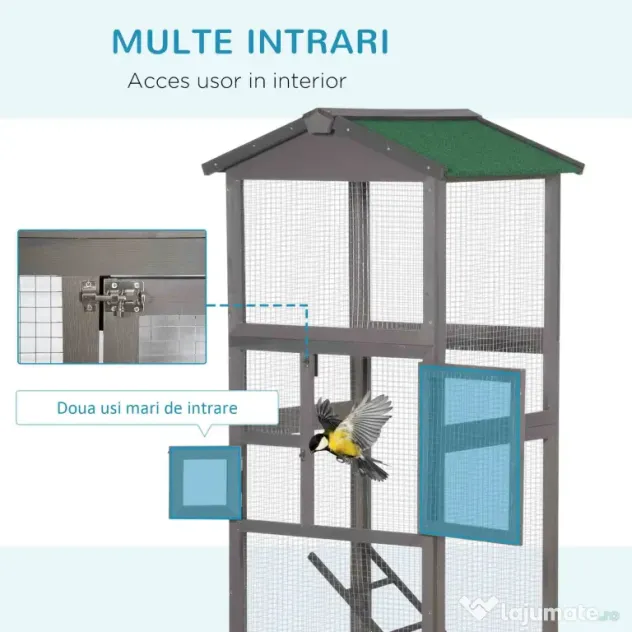 PawHut Colivie pentru Păsări din Lemn și Plasă Metalică cu 2 Uși și Tavă Detașabilă, 68x63x165 cm, Gri Deschis | Aosom Romania