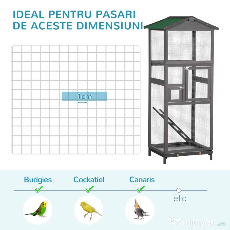 PawHut Colivie pentru Păsări din Lemn și Plasă Metalică cu 2 Uși și Tavă Detașabilă, 68x63x165 cm, Gri Deschis | Aosom Romania