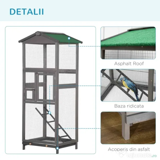 PawHut Colivie pentru Păsări din Lemn și Plasă Metalică cu 2 Uși și Tavă Detașabilă, 68x63x165 cm, Gri Deschis | Aosom Romania