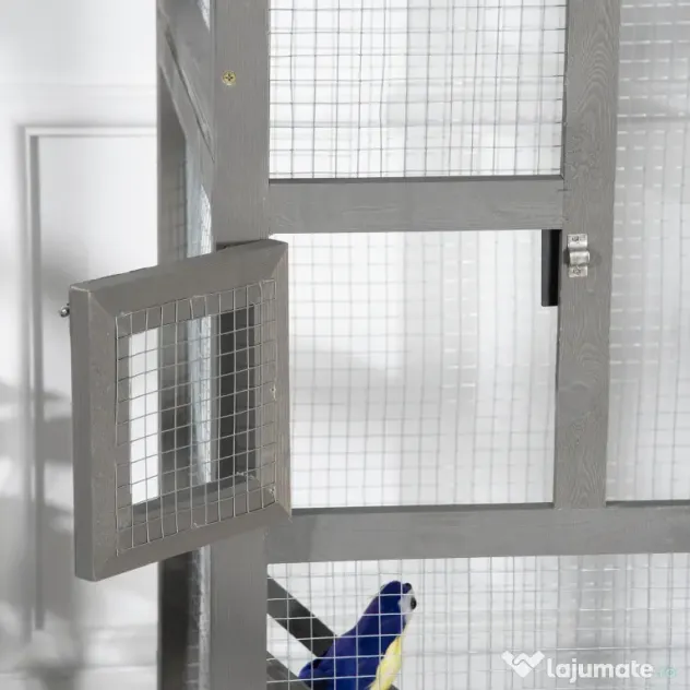 PawHut Colivie pentru Păsări din Lemn și Plasă Metalică cu 2 Uși și Tavă Detașabilă, 68x63x165 cm, Gri Deschis | Aosom Romania