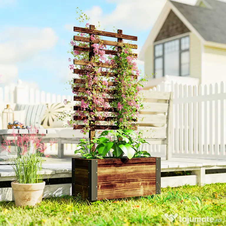 Outsunny Jardinieră cu spalier pentru plante cățărătoare și roți, din lemn de brad, 65x31x147 cm, maro