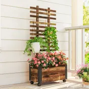 Outsunny Jardinieră cu spalier pentru plante cățărătoare și roți, din lemn de brad, 65x31x147 cm, maro