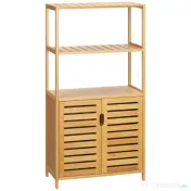 kleankin Dulap de baie cu 2 rafturi deschise si dulap cu doua usi, din bambus cu usa cu clapeta, natural 