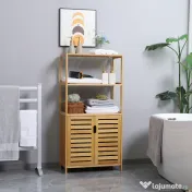 kleankin Dulap de baie cu 2 rafturi deschise si dulap cu doua usi, din bambus cu usa cu clapeta, natural 