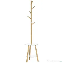 HOMCOM Set Cuier și Măsuță de Cafea Rotundă, pentru Hol, din MDF și Aluminiu, 39,5x39,5x171 cm, Culoare Lemn și Alb | Aosom Romania