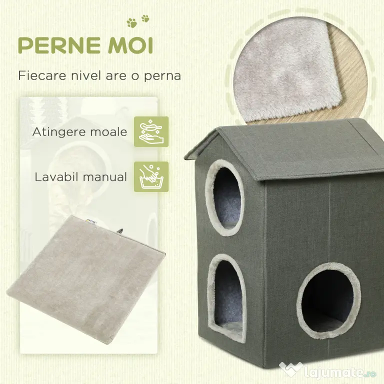 PawHut Ansamblu de Joacă Dublu Nivel pentru Pisici cu Perne Moi Lavabile, Centru de Activități, Bej | Aosom Romania