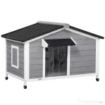 PawHut Cusca pentru Caini Talie Mica si Medie din Lemn de Brad, Design Inaltat cu Perdea de Protectie | Aosom Romania