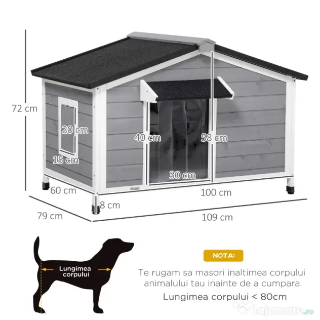 PawHut Cusca pentru Caini Talie Mica si Medie din Lemn de Brad, Design Inaltat cu Perdea de Protectie | Aosom Romania
