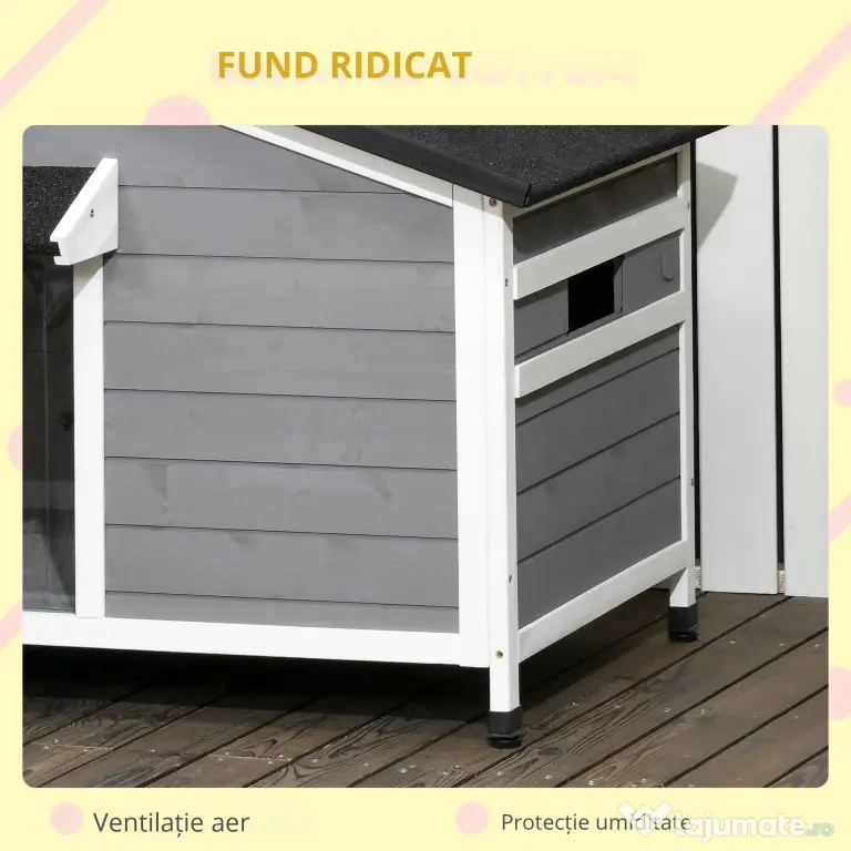 PawHut Cusca pentru Caini Talie Mica si Medie din Lemn de Brad, Design Inaltat cu Perdea de Protectie | Aosom Romania