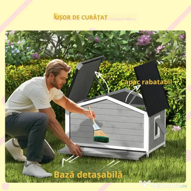 PawHut Cusca pentru Caini Talie Mica si Medie din Lemn de Brad, Design Inaltat cu Perdea de Protectie | Aosom Romania
