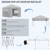 Outsunny Pavilon 3x3 m Pliabil cu Înălțime Reglabilă și Ferestre, din Oțel și Țesătură Oxford Gri Deschis 