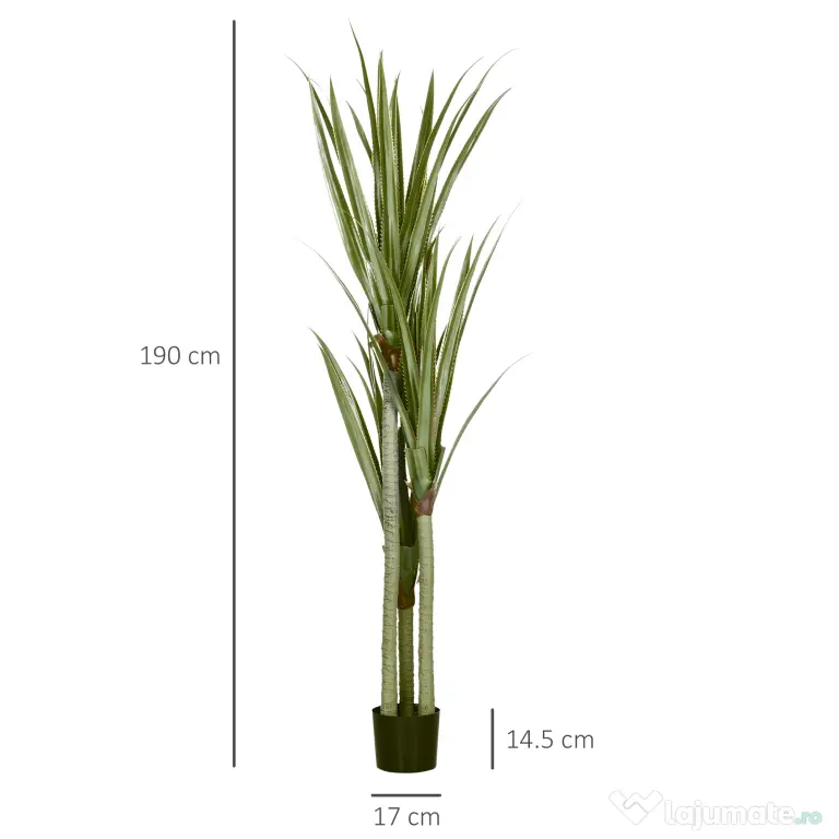 HOMCOM Yucca Artificială de 190 cm, Plantă Artificială cu 39 de Frunze pentru Decor Acasă, Birou, Grădină Ø17x190 cm Verde | Aosom Romania