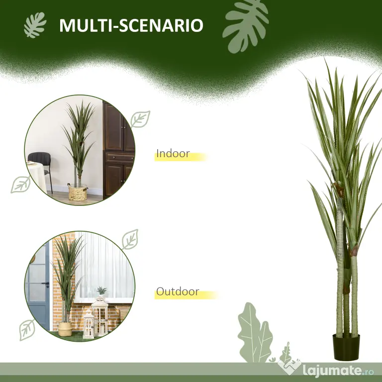 HOMCOM Yucca Artificială de 190 cm, Plantă Artificială cu 39 de Frunze pentru Decor Acasă, Birou, Grădină Ø17x190 cm Verde | Aosom Romania