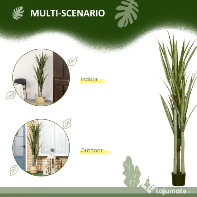 HOMCOM Yucca Artificială de 190 cm, Plantă Artificială cu 39 de Frunze pentru Decor Acasă, Birou, Grădină Ø17x190 cm Verde | Aosom Romania