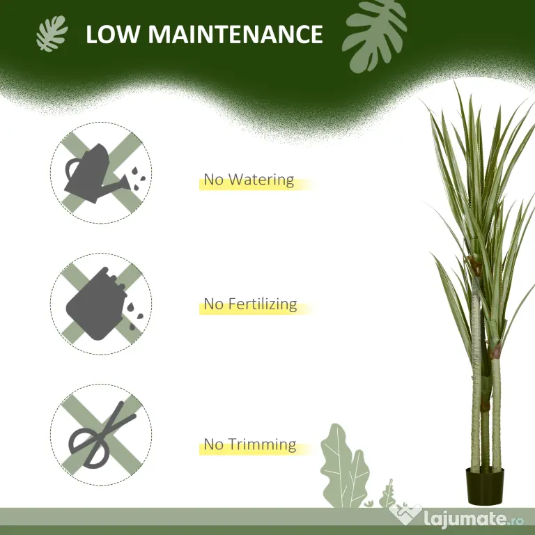 HOMCOM Yucca Artificială de 190 cm, Plantă Artificială cu 39 de Frunze pentru Decor Acasă, Birou, Grădină Ø17x190 cm Verde | Aosom Romania