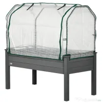 Outsunny Pat pentru Grădină Ridicat cu Acoperiș din PE, Jardinieră Ridicată din Brad cu 4 Găuri de Drenaj, pentru Flori și Legume, pentru Grădină, Balcon, 121x55x117 cm, Gri Închis