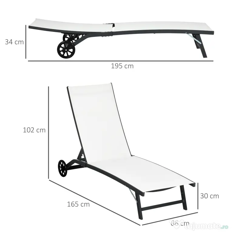 Outsunny Set de 2 Șezlonguri Rabatabile pe 5 Niveluri, Șezlonguri din Aluminiu și Țesătură Respirabilă, 66x165x102 cm, Albastru | Aosom Romania