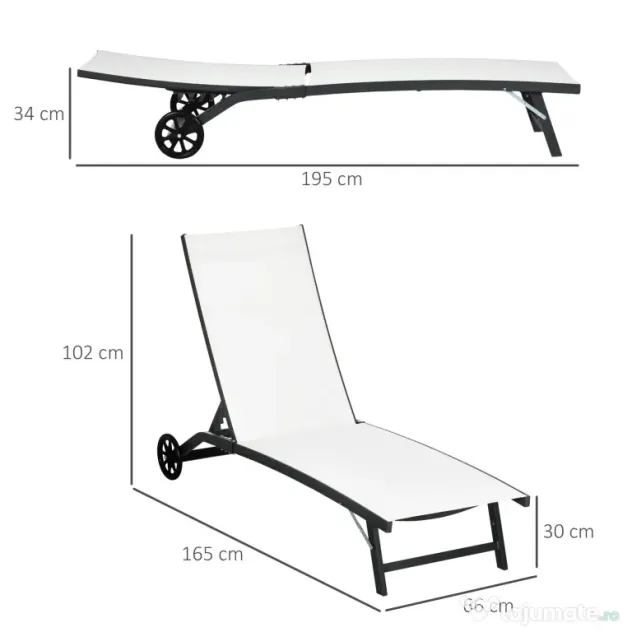Outsunny Set de 2 Șezlonguri Rabatabile pe 5 Niveluri, Șezlonguri din Aluminiu și Țesătură Respirabilă, 66x165x102 cm, Albastru | Aosom Romania
