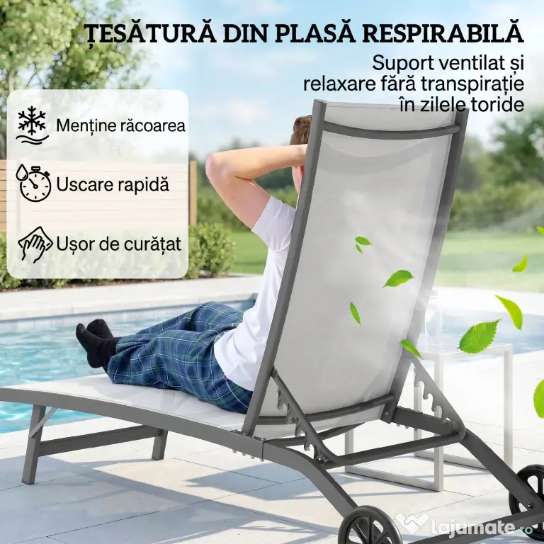 Outsunny Set de 2 Șezlonguri Rabatabile pe 5 Niveluri, Șezlonguri din Aluminiu și Țesătură Respirabilă, 66x165x102 cm, Albastru | Aosom Romania