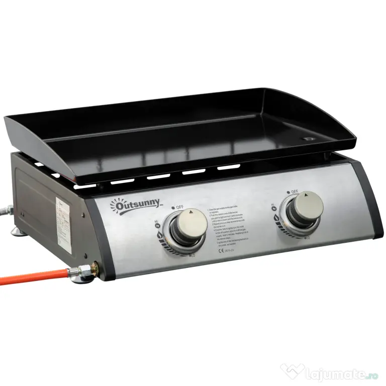 Gratar cu gaz si 2 arzatoare Outsunny, picioare reglabile, 6kW, 48.5x46x21cm, negru | Aosom Romania